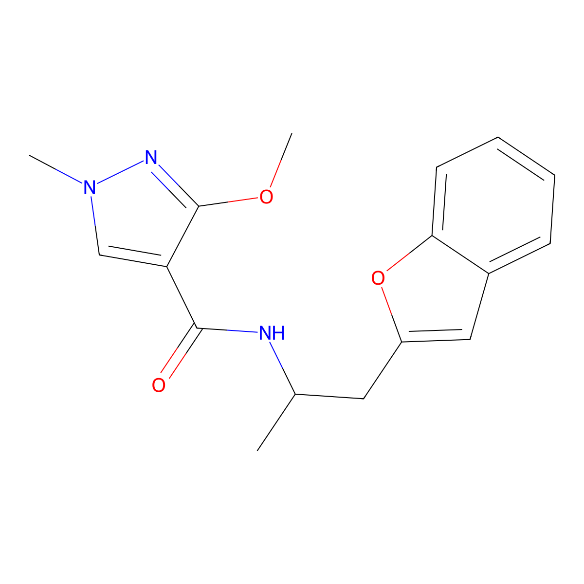 N-(1-(benzofuran-2-yl)propan-2-yl)-3-methoxy-1-methyl-1H-pyrazole-4-carboxamide molecular structure, CAS 2034293-65-5