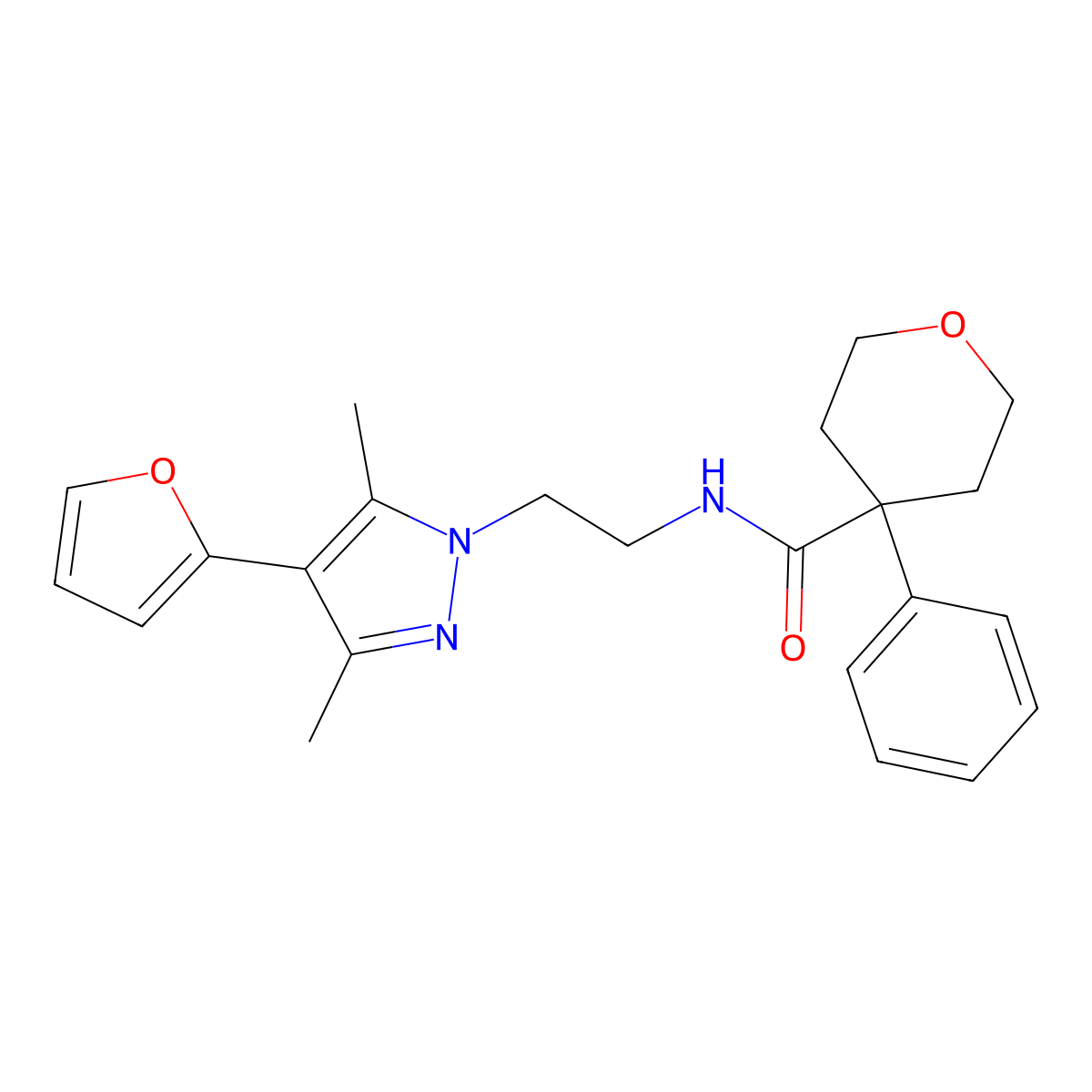 N-(2-(4-(furan-2-yl)-3,5-dimethyl-1H-pyrazol-1-yl)ethyl)-4-phenyltetrahydro-2H-pyran-4-carboxamide molecular structure, CAS 2034293-73-5