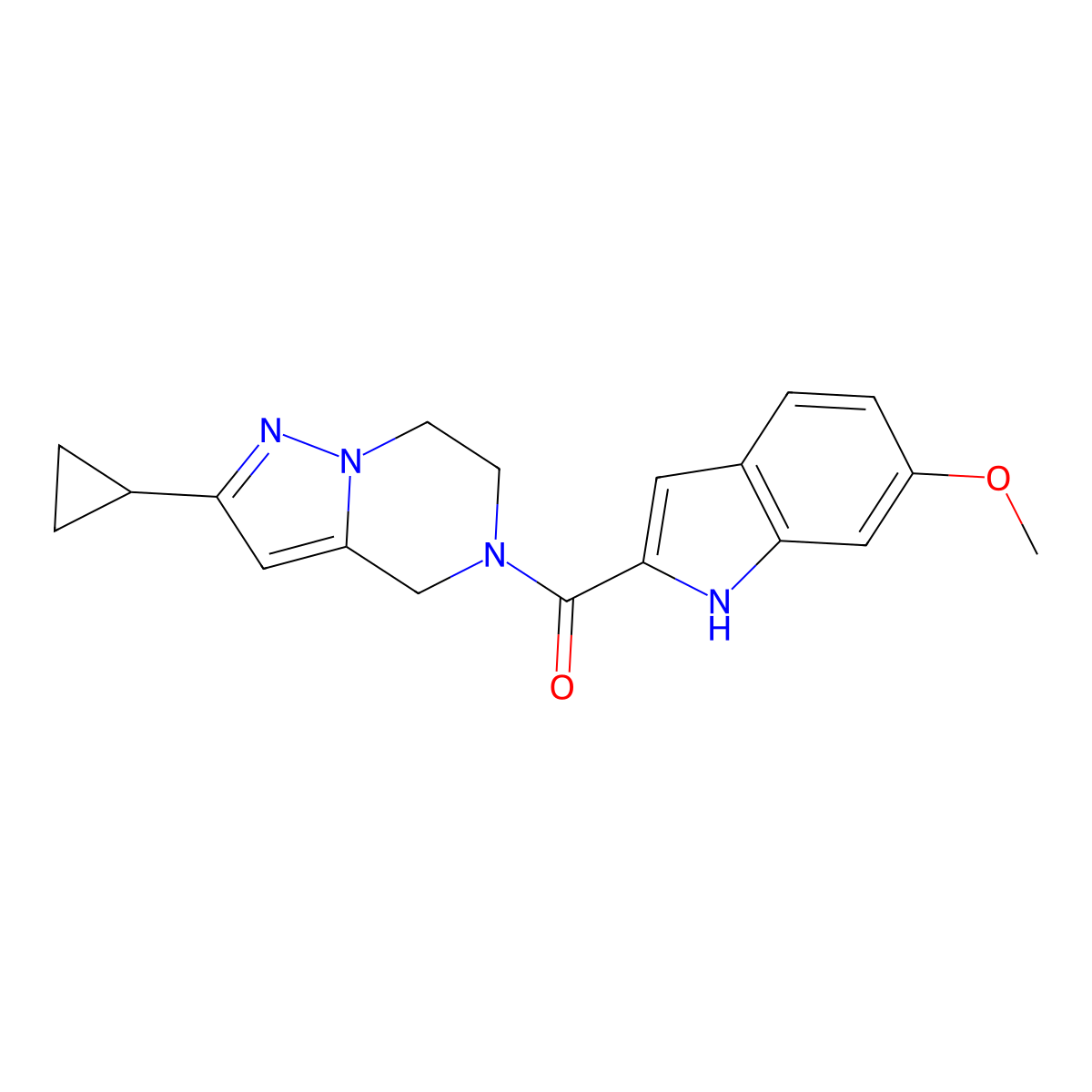 (2-cyclopropyl-6,7-dihydropyrazolo[1,5-a]pyrazin-5(4H)-yl)(6-methoxy-1H-indol-2-yl)methanone molecular structure, CAS 2034293-84-8