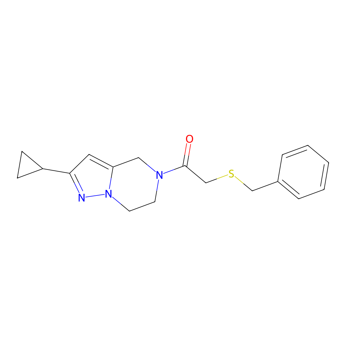 2-(benzylthio)-1-(2-cyclopropyl-6,7-dihydropyrazolo[1,5-a]pyrazin-5(4H)-yl)ethanone molecular structure, CAS 2034294-00-1