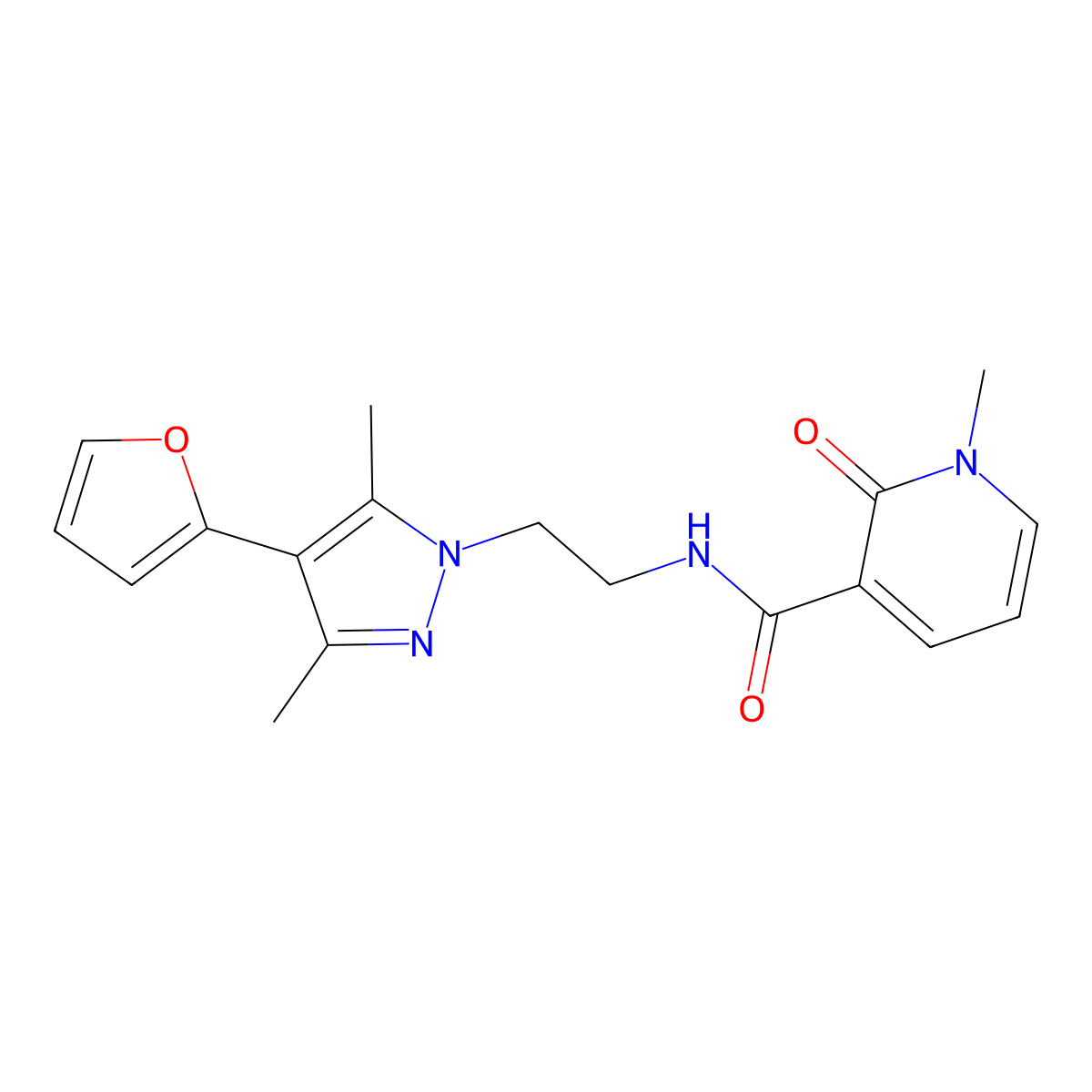 N-{2-[4-(furan-2-yl)-3,5-dimethyl-1H-pyrazol-1-yl]ethyl}-1-methyl-2-oxo-1,2-dihydropyridine-3-carboxamide molecular structure, CAS 2034294-03-4