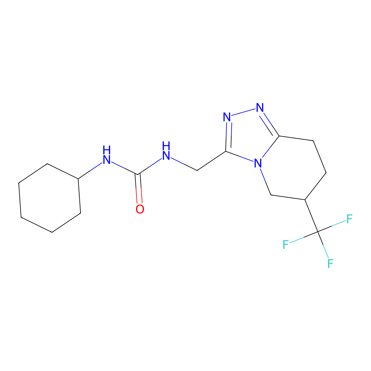 1-Cyclohexyl-3-((6-(trifluoromethyl)-5,6,7,8-tetrahydro-[1,2,4]triazolo[4,3-a]pyridin-3-yl)methyl)urea molecular structure, CAS 2034294-09-0