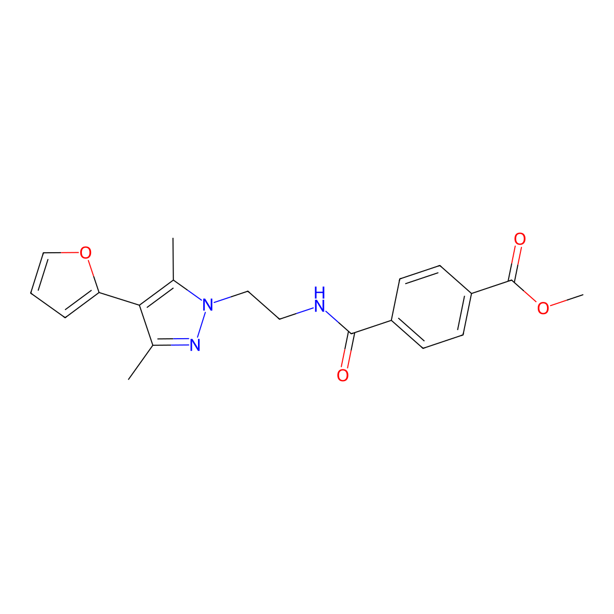 methyl 4-({2-[4-(furan-2-yl)-3,5-dimethyl-1H-pyrazol-1-yl]ethyl}carbamoyl)benzoate molecular structure, CAS 2034294-10-3