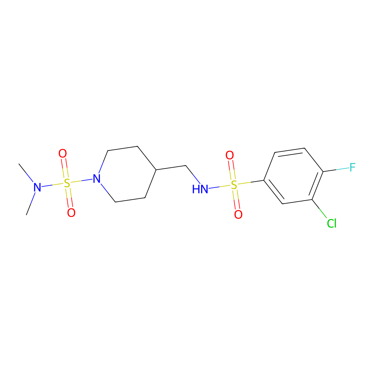 4-((3-chloro-4-fluorophenylsulfonamido)methyl)-N,N-dimethylpiperidine-1-sulfonamide molecular structure, CAS 2034294-18-1