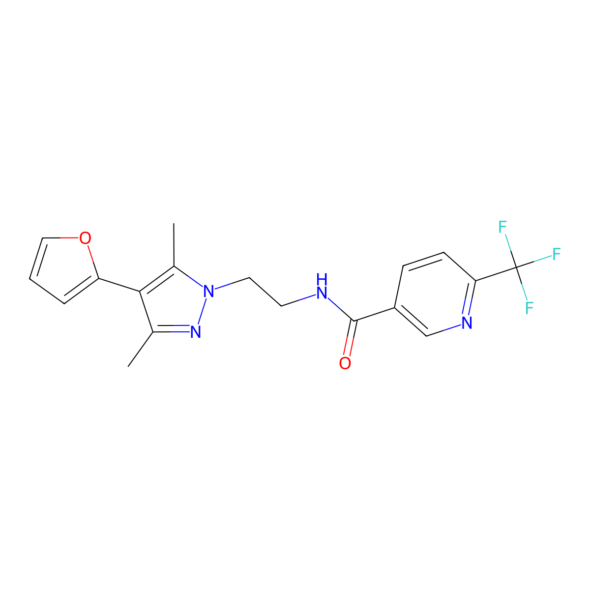 N-(2-(4-(furan-2-yl)-3,5-dimethyl-1H-pyrazol-1-yl)ethyl)-6-(trifluoromethyl)nicotinamide molecular structure, CAS 2034294-21-6