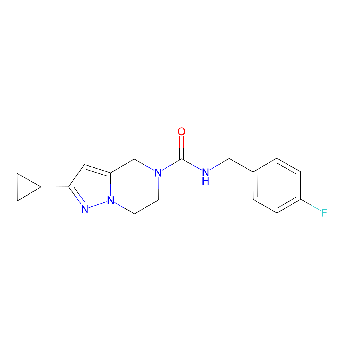 2-cyclopropyl-N-(4-fluorobenzyl)-6,7-dihydropyrazolo[1,5-a]pyrazine-5(4H)-carboxamide molecular structure, CAS 2034294-30-7