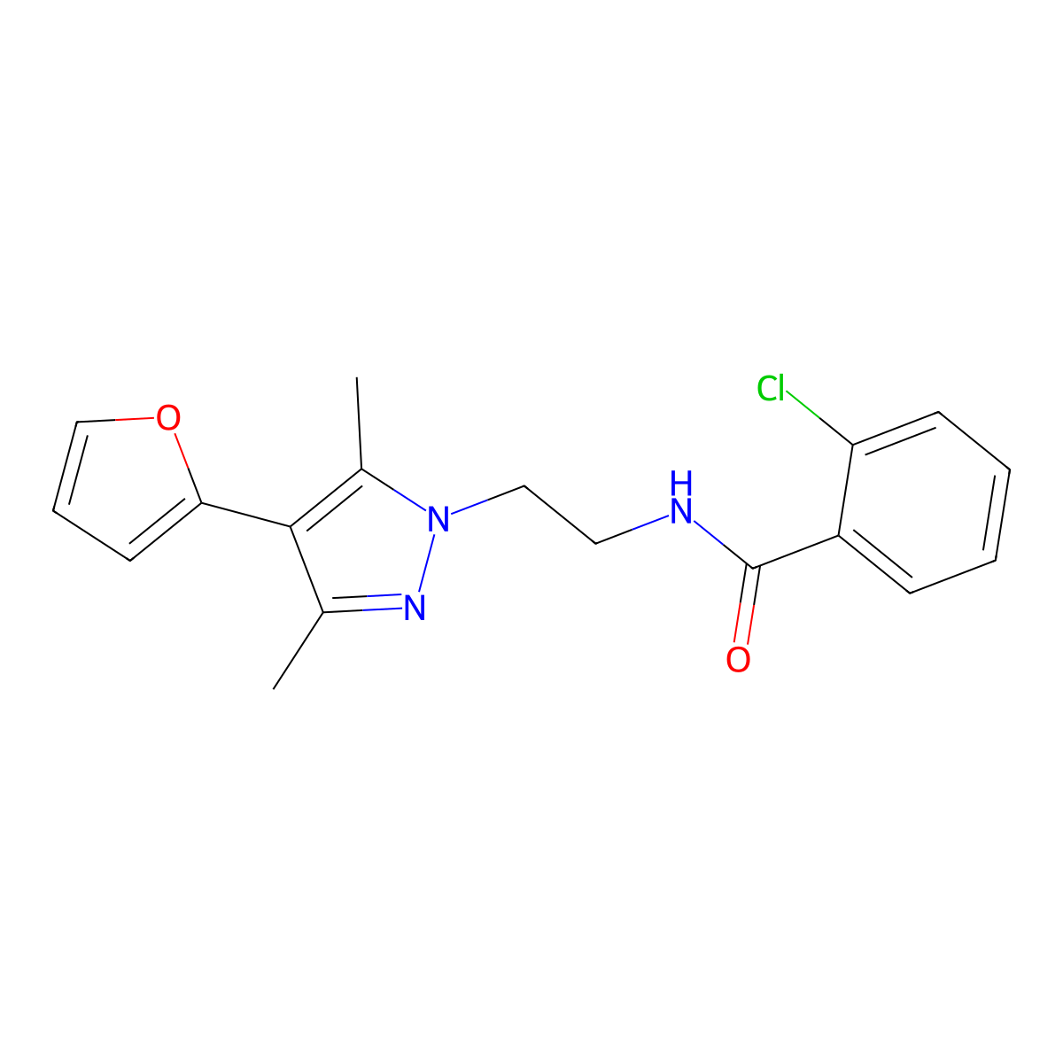 2-chloro-N-(2-(4-(furan-2-yl)-3,5-dimethyl-1H-pyrazol-1-yl)ethyl)benzamide molecular structure, CAS 2034294-39-6