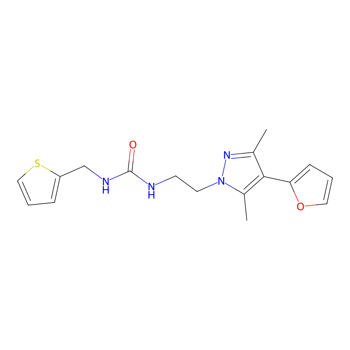 1-(2-(4-(furan-2-yl)-3,5-dimethyl-1H-pyrazol-1-yl)ethyl)-3-(thiophen-2-ylmethyl)urea molecular structure, CAS 2034294-45-4