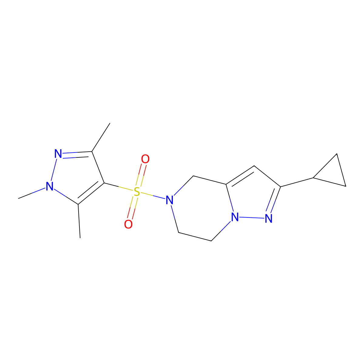 2-cyclopropyl-5-((1,3,5-trimethyl-1H-pyrazol-4-yl)sulfonyl)-4,5,6,7-tetrahydropyrazolo[1,5-a]pyrazine molecular structure, CAS 2034294-55-6