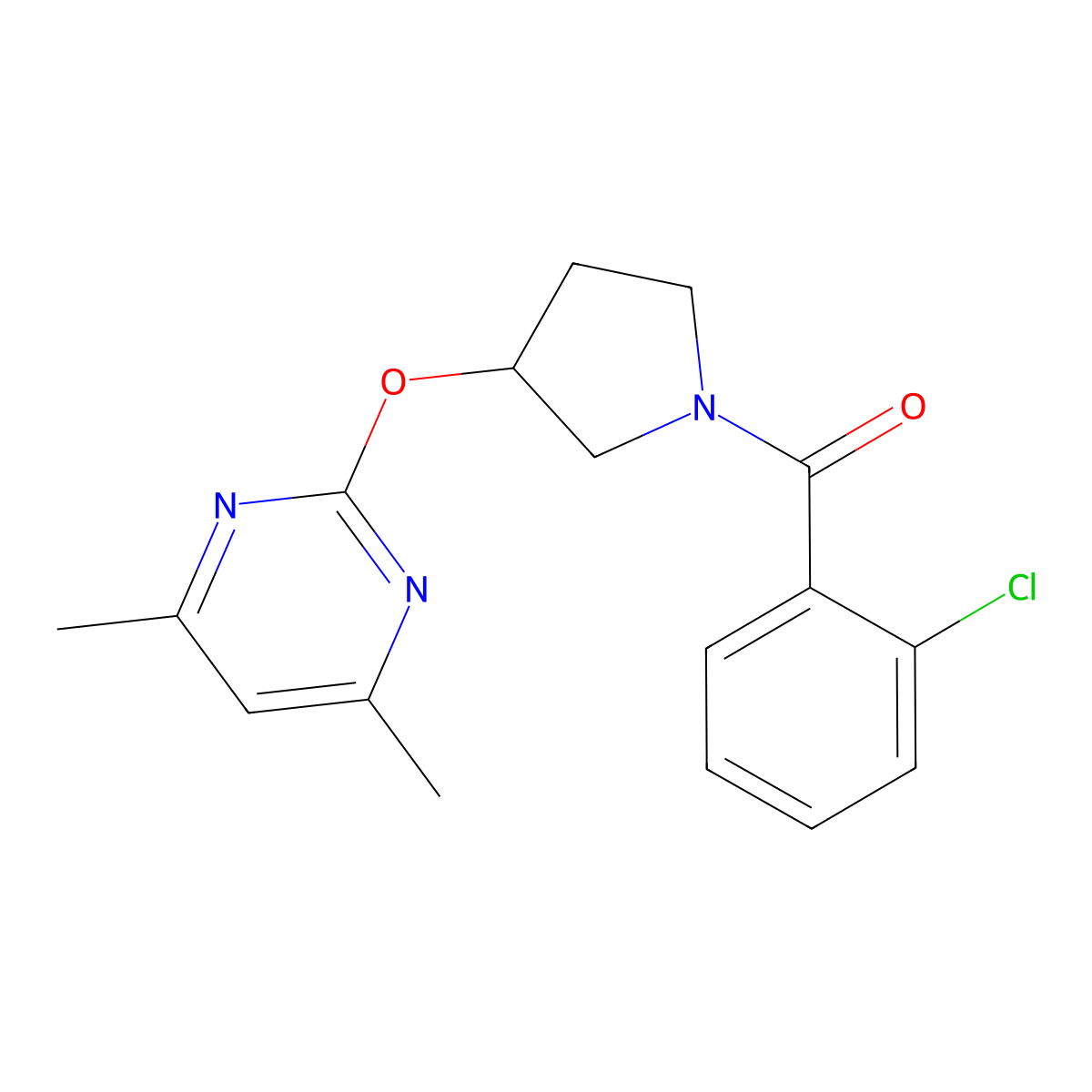 (2-Chlorophenyl)(3-((4,6-dimethylpyrimidin-2-yl)oxy)pyrrolidin-1-yl)methanone molecular structure, CAS 2034294-76-1