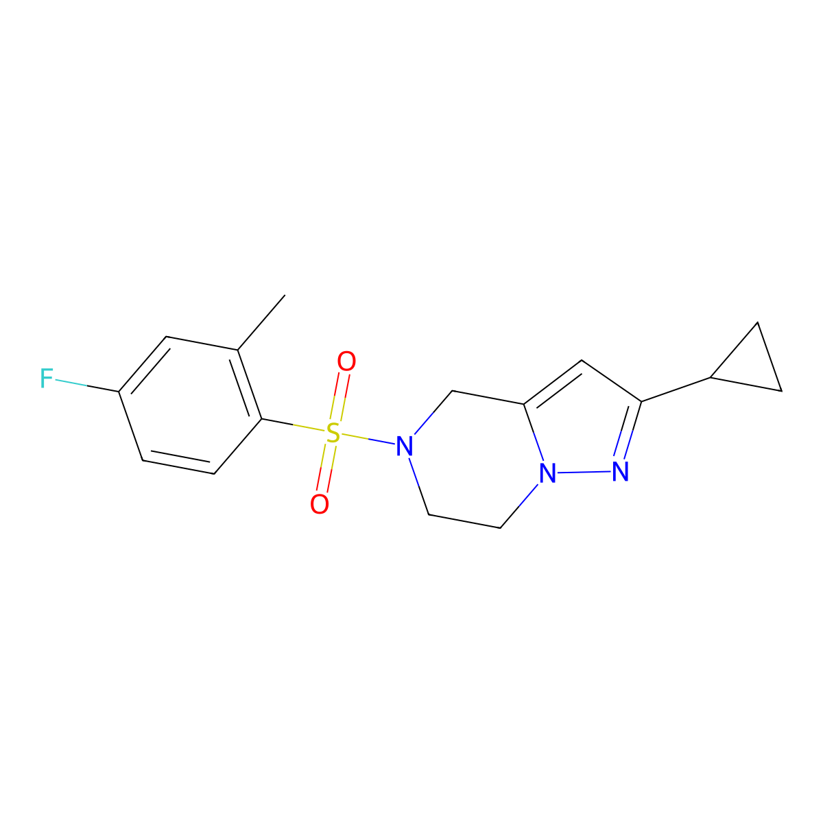 2-Cyclopropyl-5-((4-fluoro-2-methylphenyl)sulfonyl)-4,5,6,7-tetrahydropyrazolo[1,5-a]pyrazine molecular structure, CAS 2034294-86-3