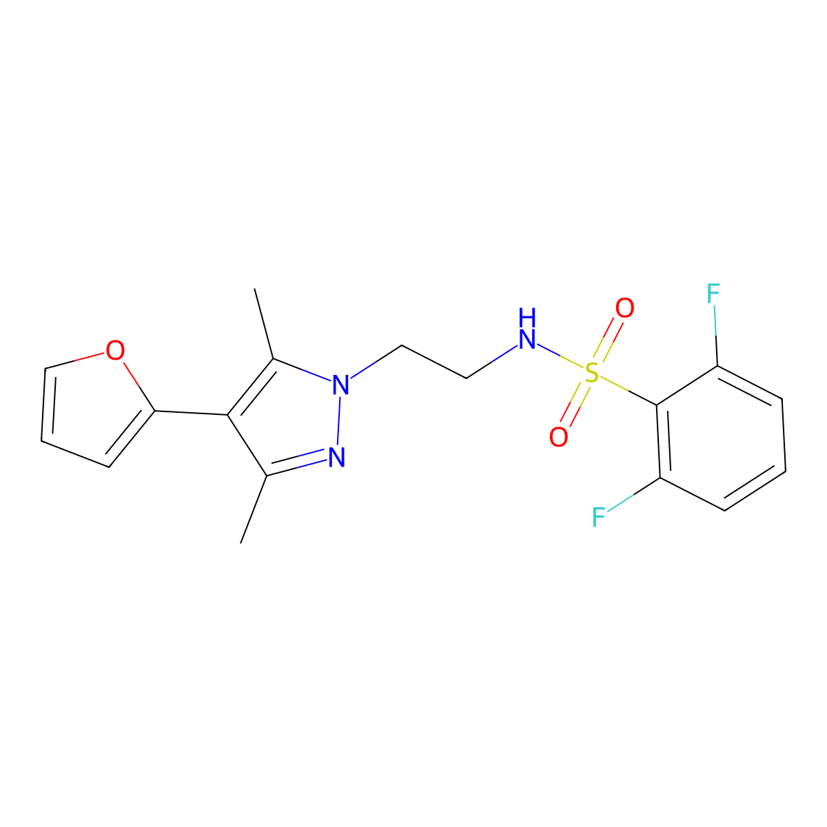 2,6-difluoro-N-(2-(4-(furan-2-yl)-3,5-dimethyl-1H-pyrazol-1-yl)ethyl)benzenesulfonamide molecular structure, CAS 2034294-87-4