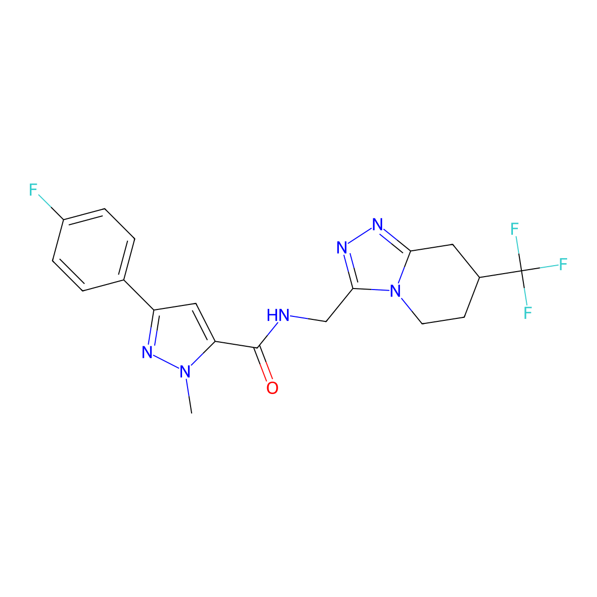 3-(4-fluorophenyl)-1-methyl-N-((7-(trifluoromethyl)-5,6,7,8-tetrahydro-[1,2,4]triazolo[4,3-a]pyridin-3-yl)methyl)-1H-pyrazole-5-carboxamide molecular structure, CAS 2034294-96-5