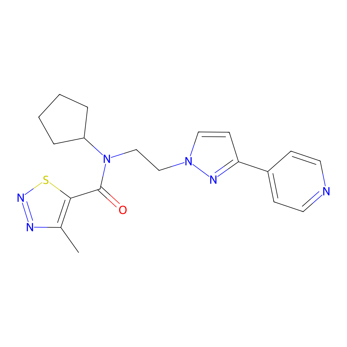 N-cyclopentyl-4-methyl-N-{2-[3-(pyridin-4-yl)-1H-pyrazol-1-yl]ethyl}-1,2,3-thiadiazole-5-carboxamide molecular structure, CAS 2034295-03-7