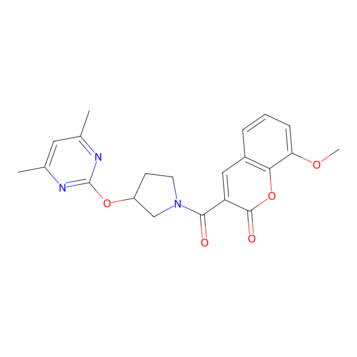 3-(3-((4,6-dimethylpyrimidin-2-yl)oxy)pyrrolidine-1-carbonyl)-8-methoxy-2H-chromen-2-one molecular structure, CAS 2034295-08-2