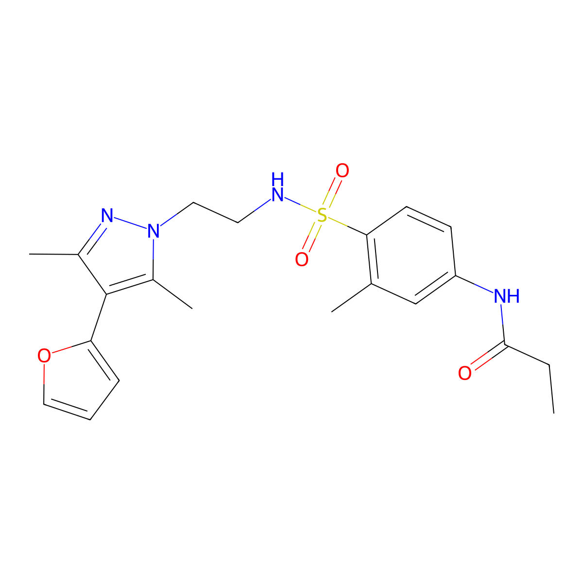 N-(4-(N-(2-(4-(furan-2-yl)-3,5-dimethyl-1H-pyrazol-1-yl)ethyl)sulfamoyl)-3-methylphenyl)propionamide molecular structure, CAS 2034295-10-6