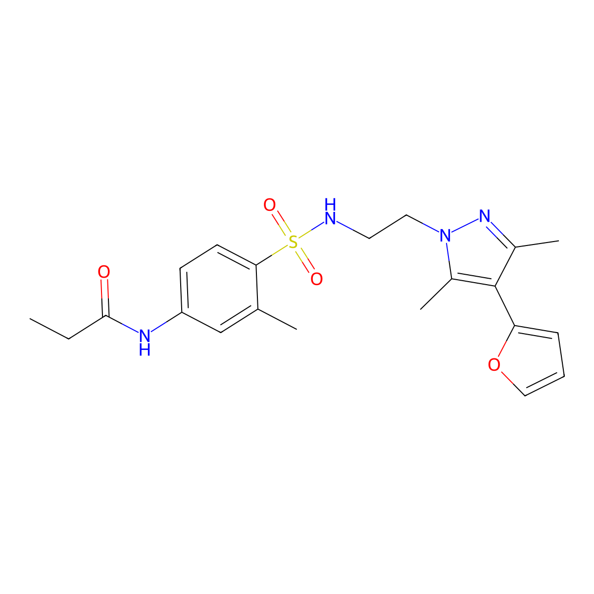 N-(4-(N-(2-(4-(furan-2-yl)-3,5-dimethyl-1H-pyrazol-1-yl)ethyl)sulfamoyl)-3-methylphenyl)propionamide molecular structure, CAS 2034295-10-6