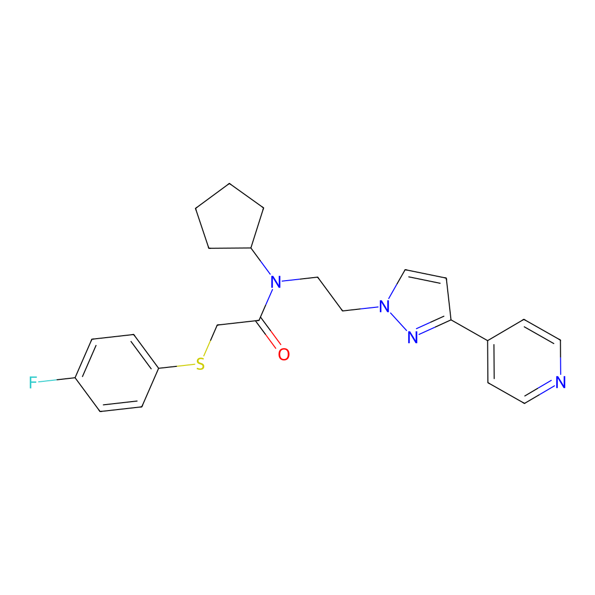 N-cyclopentyl-2-((4-fluorophenyl)thio)-N-(2-(3-(pyridin-4-yl)-1H-pyrazol-1-yl)ethyl)acetamide molecular structure, CAS 2034295-15-1