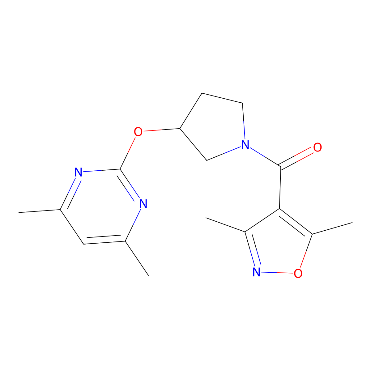 (3,5-Dimethylisoxazol-4-yl)(3-((4,6-dimethylpyrimidin-2-yl)oxy)pyrrolidin-1-yl)methanone molecular structure, CAS 2034295-16-2