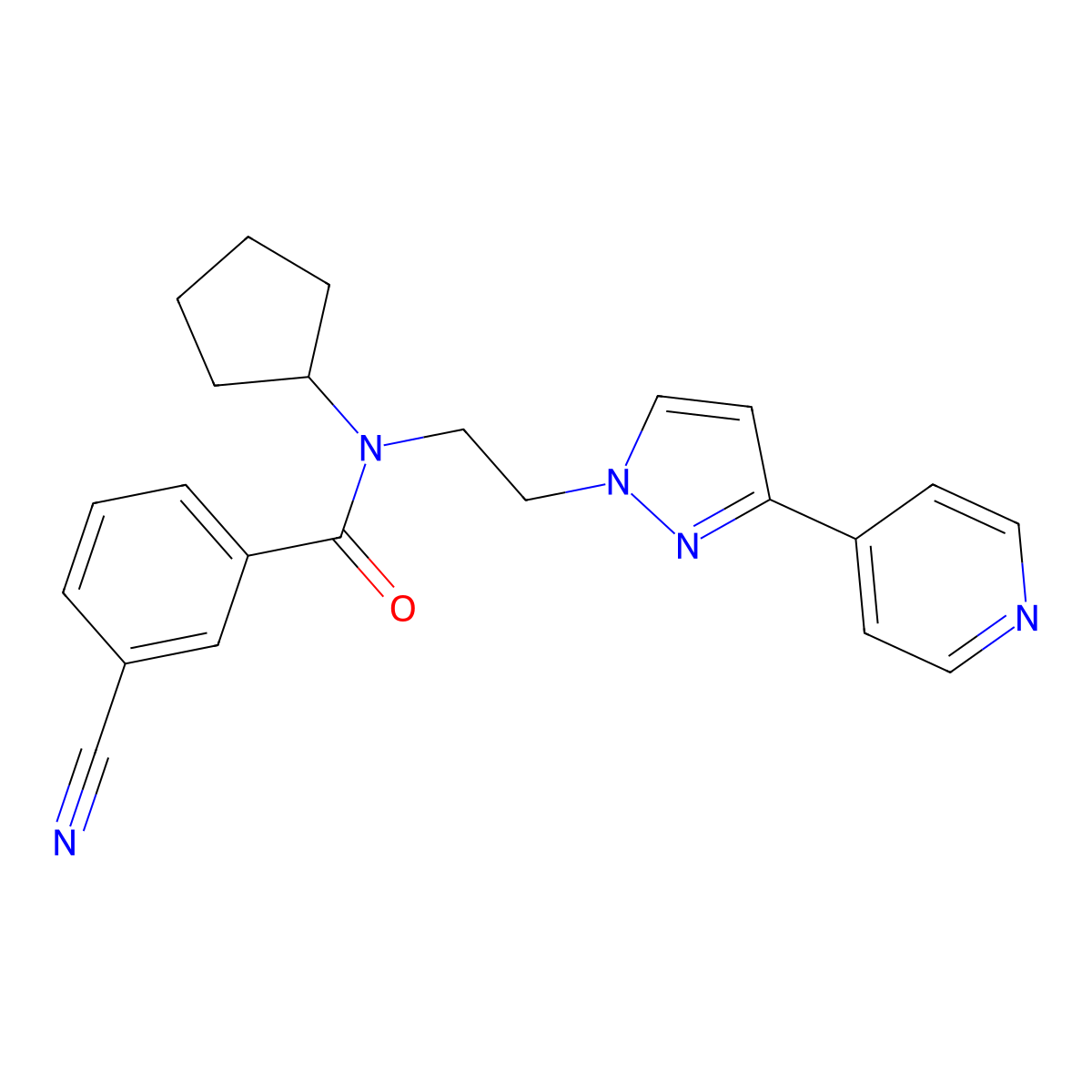 3-cyano-N-cyclopentyl-N-(2-(3-(pyridin-4-yl)-1H-pyrazol-1-yl)ethyl)benzamide molecular structure, CAS 2034295-21-9