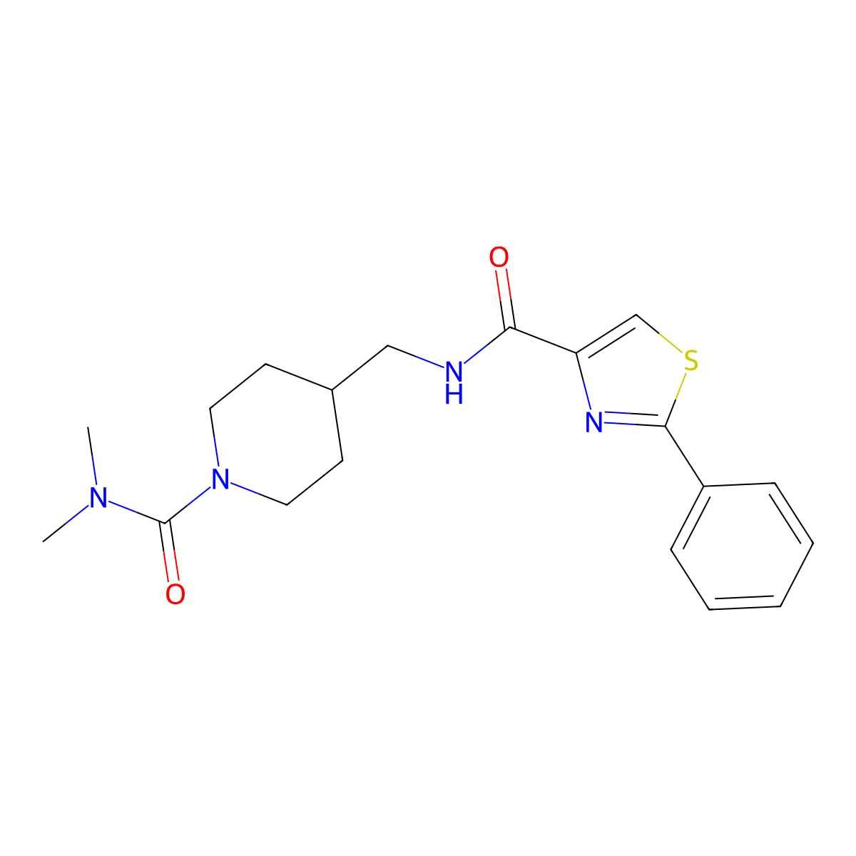 N-((1-(dimethylcarbamoyl)piperidin-4-yl)methyl)-2-phenylthiazole-4-carboxamide molecular structure, CAS 2034295-25-3