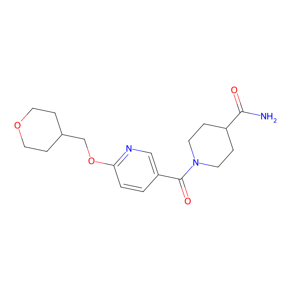 1-(6-((tetrahydro-2H-pyran-4-yl)methoxy)nicotinoyl)piperidine-4-carboxamide molecular structure, CAS 2034295-36-6