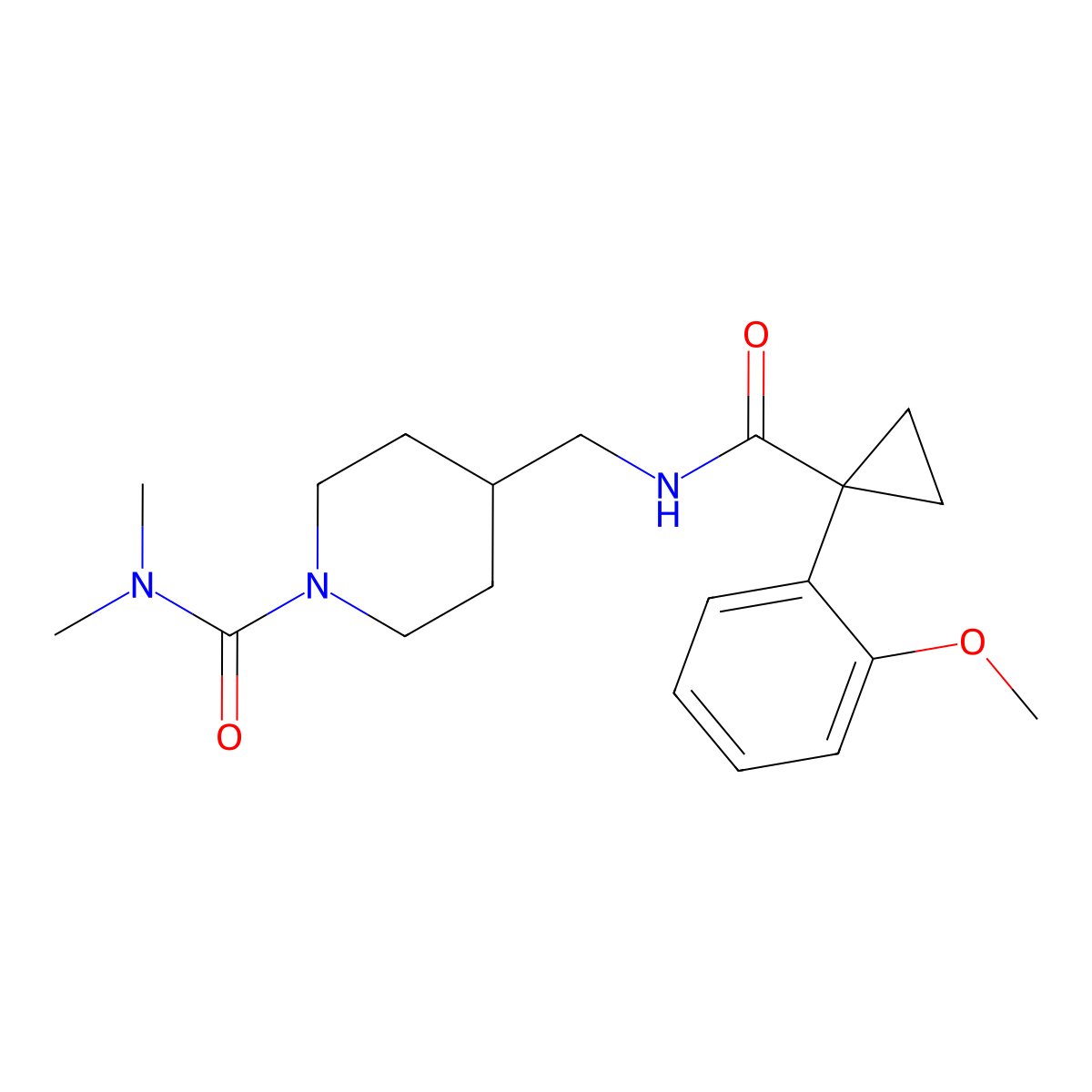 4-((1-(2-methoxyphenyl)cyclopropanecarboxamido)methyl)-N,N-dimethylpiperidine-1-carboxamide molecular structure, CAS 2034295-45-7