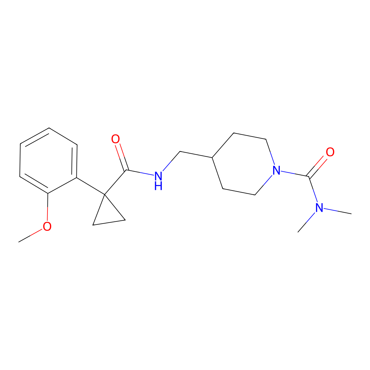4-((1-(2-methoxyphenyl)cyclopropanecarboxamido)methyl)-N,N-dimethylpiperidine-1-carboxamide molecular structure, CAS 2034295-45-7