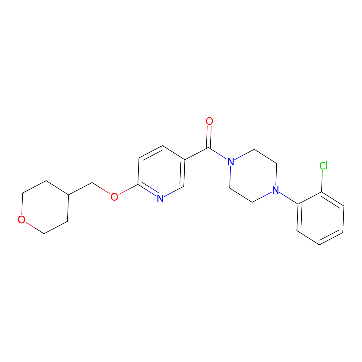 (4-(2-chlorophenyl)piperazin-1-yl)(6-((tetrahydro-2H-pyran-4-yl)methoxy)pyridin-3-yl)methanone molecular structure, CAS 2034295-46-8