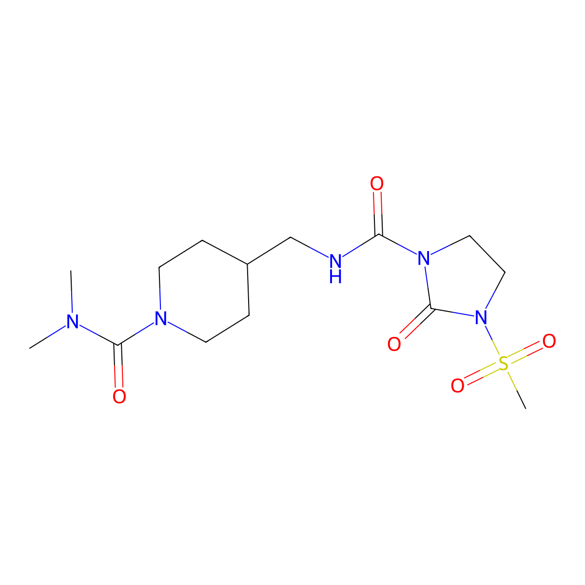 N,N-dimethyl-4-((3-(methylsulfonyl)-2-oxoimidazolidine-1-carboxamido)methyl)piperidine-1-carboxamide molecular structure, CAS 2034295-65-1