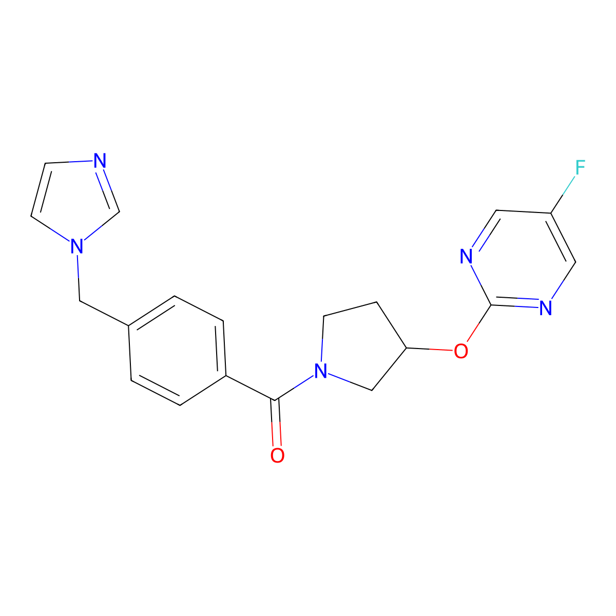 (4-((1H-imidazol-1-yl)methyl)phenyl)(3-((5-fluoropyrimidin-2-yl)oxy)pyrrolidin-1-yl)methanone molecular structure, CAS 2034295-71-9