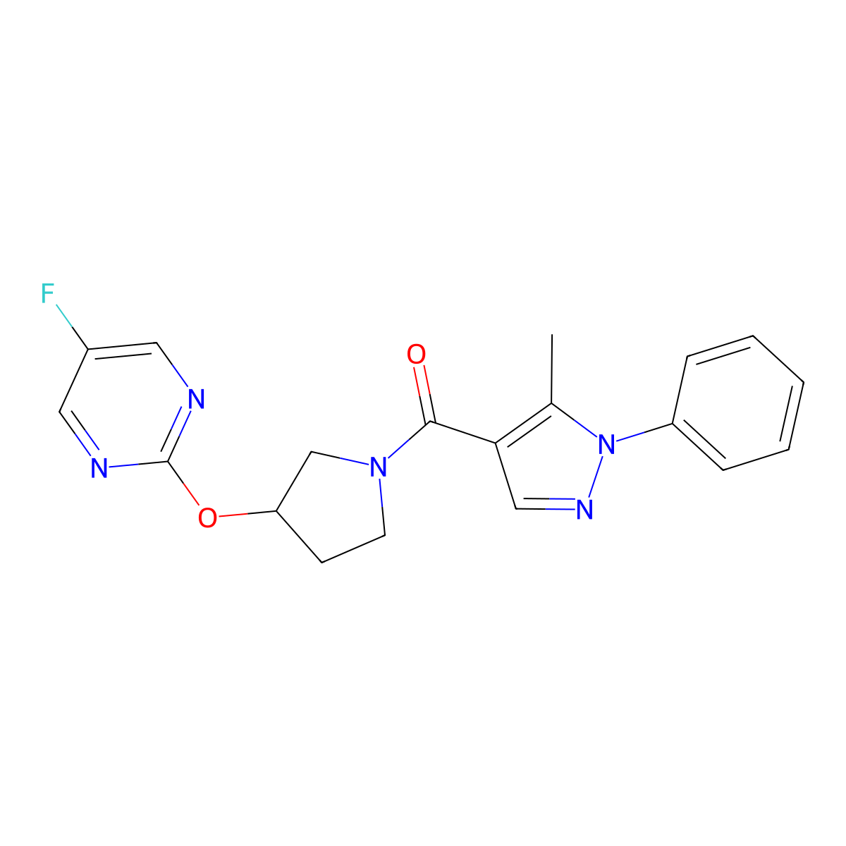 (3-((5-fluoropyrimidin-2-yl)oxy)pyrrolidin-1-yl)(5-methyl-1-phenyl-1H-pyrazol-4-yl)methanone molecular structure, CAS 2034295-75-3