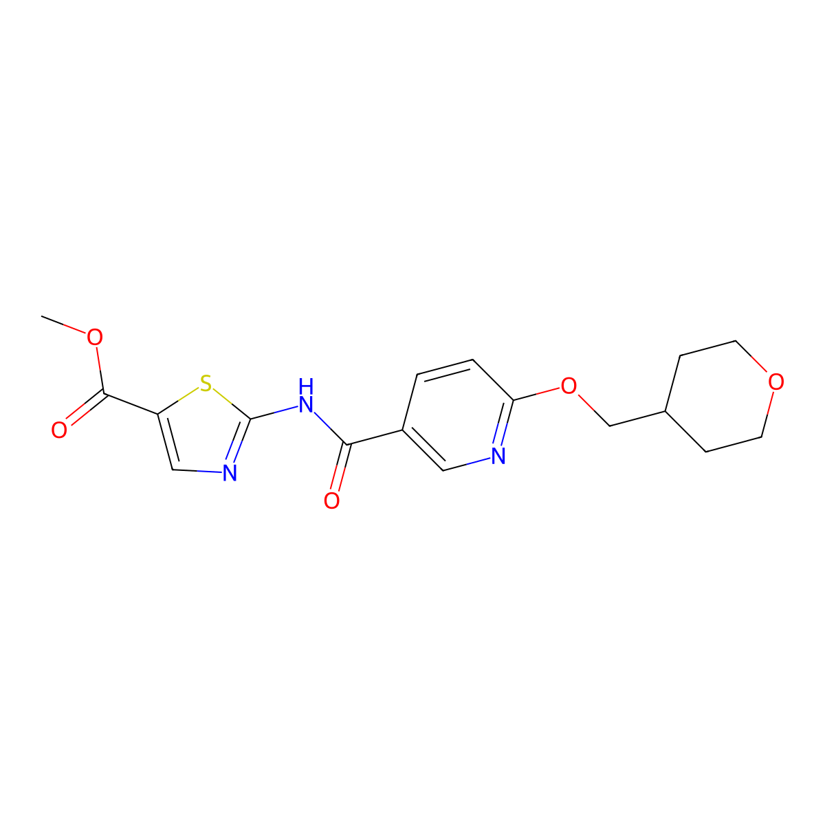 methyl 2-(6-((tetrahydro-2H-pyran-4-yl)methoxy)nicotinamido)thiazole-5-carboxylate molecular structure, CAS 2034295-76-4