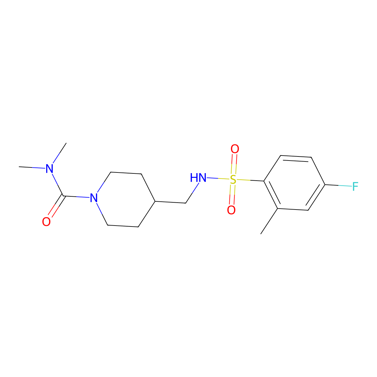 4-[(4-fluoro-2-methylbenzenesulfonamido)methyl]-N,N-dimethylpiperidine-1-carboxamide molecular structure, CAS 2034295-83-3