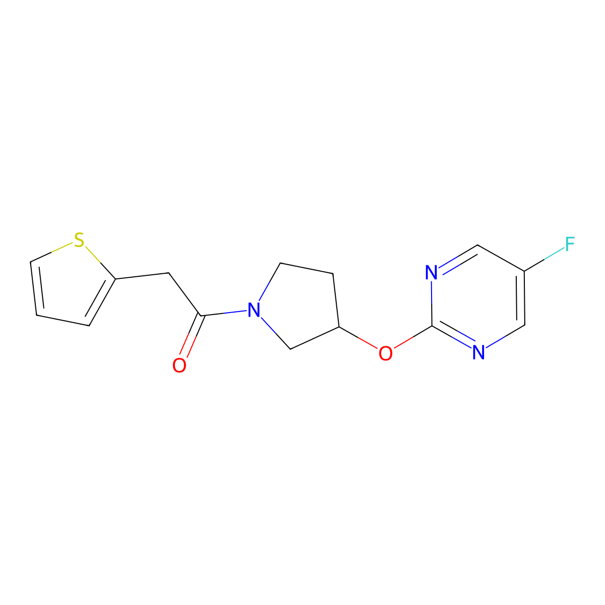 1-{3-[(5-Fluoropyrimidin-2-yl)oxy]pyrrolidin-1-yl}-2-(thiophen-2-yl)ethan-1-one molecular structure, CAS 2034295-86-6