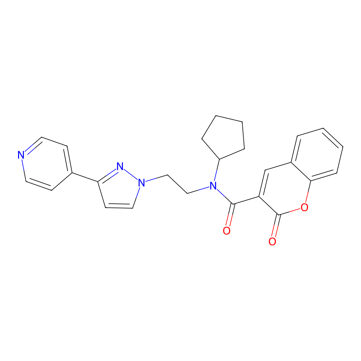N-cyclopentyl-2-oxo-N-(2-(3-(pyridin-4-yl)-1H-pyrazol-1-yl)ethyl)-2H-chromene-3-carboxamide molecular structure, CAS 2034295-90-2