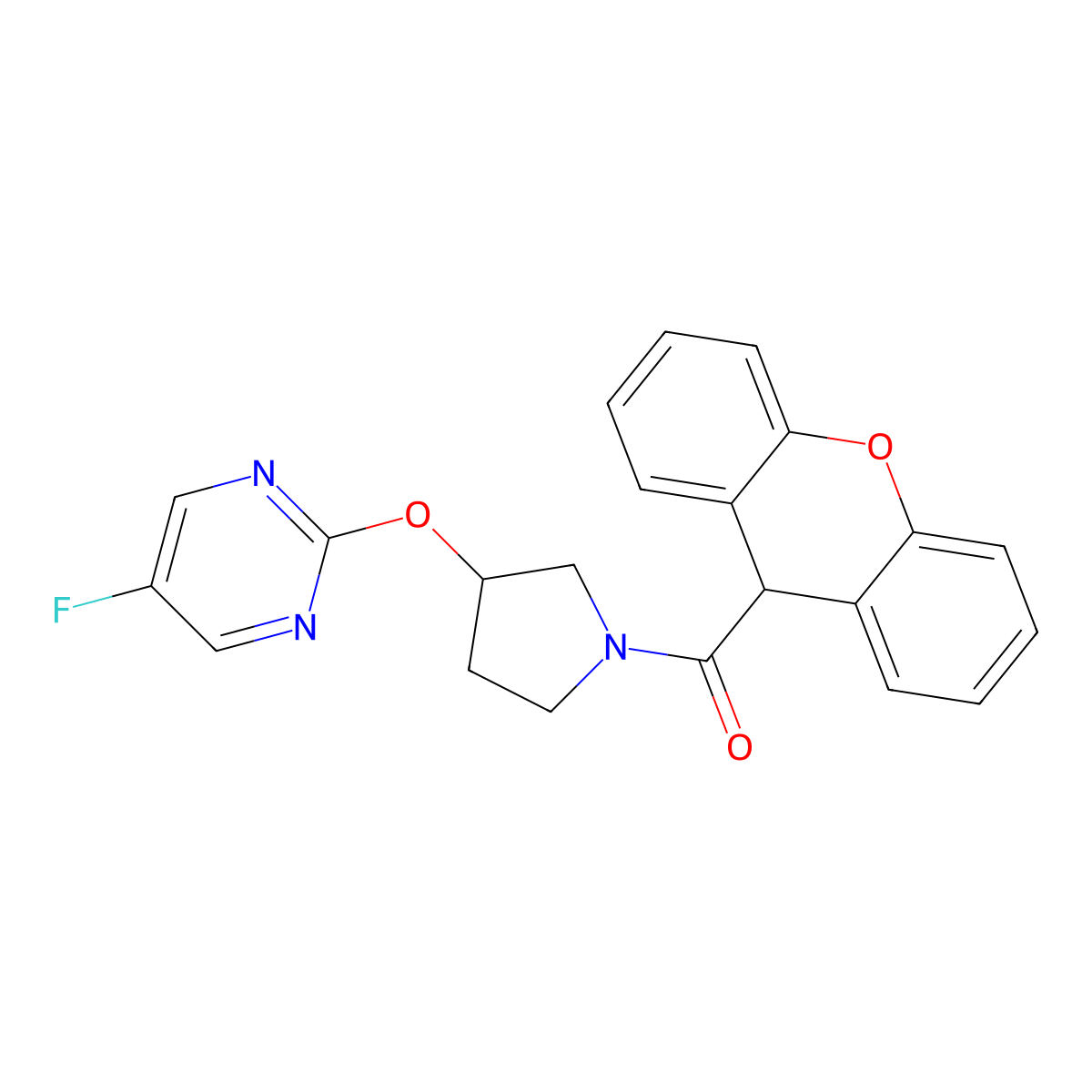 (3-((5-fluoropyrimidin-2-yl)oxy)pyrrolidin-1-yl)(9H-xanthen-9-yl)methanone molecular structure, CAS 2034295-92-4