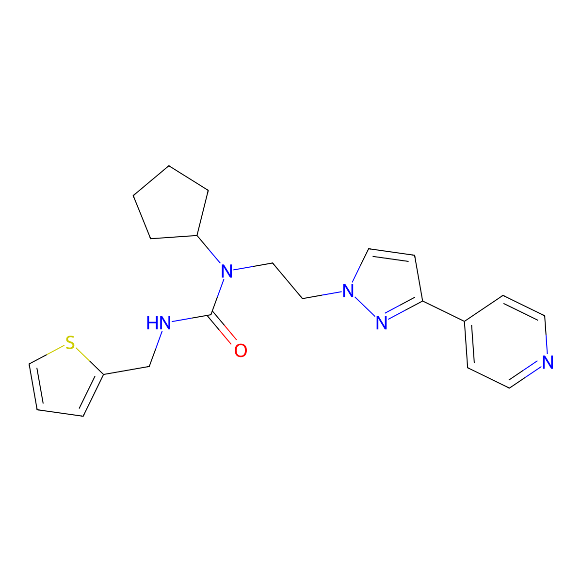 1-cyclopentyl-1-(2-(3-(pyridin-4-yl)-1H-pyrazol-1-yl)ethyl)-3-(thiophen-2-ylmethyl)urea molecular structure, CAS 2034295-94-6