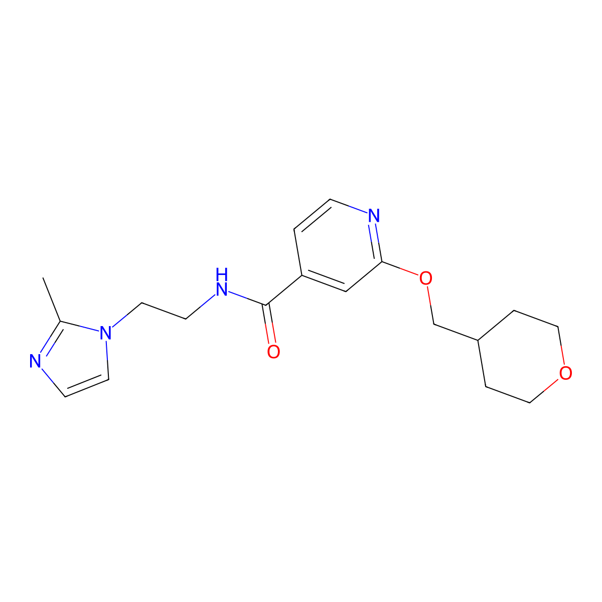 N-(2-(2-methyl-1H-imidazol-1-yl)ethyl)-2-((tetrahydro-2H-pyran-4-yl)methoxy)isonicotinamide molecular structure, CAS 2034295-99-1