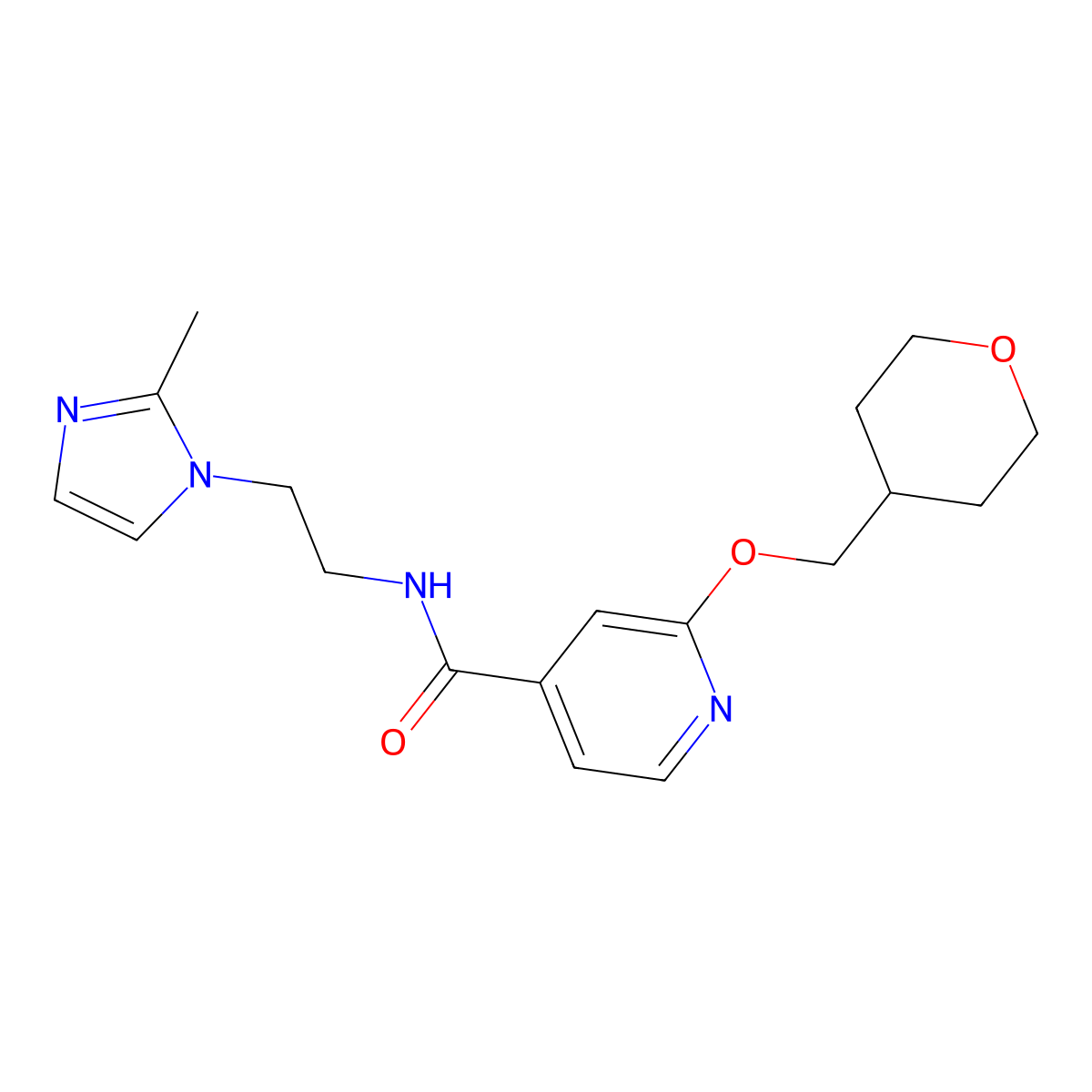 N-(2-(2-methyl-1H-imidazol-1-yl)ethyl)-2-((tetrahydro-2H-pyran-4-yl)methoxy)isonicotinamide molecular structure, CAS 2034295-99-1