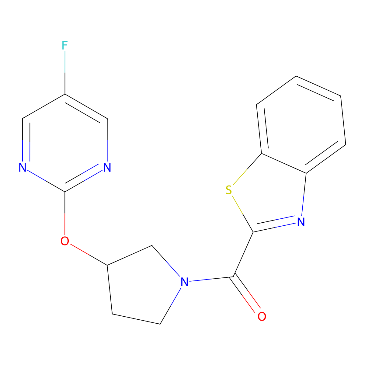 Benzo[d]thiazol-2-yl(3-((5-fluoropyrimidin-2-yl)oxy)pyrrolidin-1-yl)methanone molecular structure, CAS 2034296-00-7