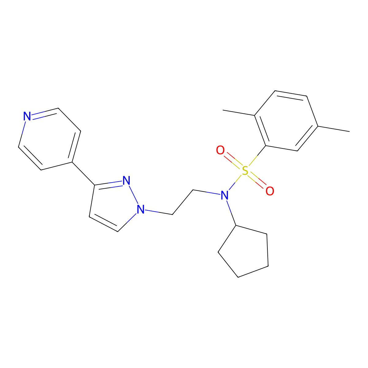 N-cyclopentyl-2,5-dimethyl-N-(2-(3-(pyridin-4-yl)-1H-pyrazol-1-yl)ethyl)benzenesulfonamide molecular structure, CAS 2034296-01-8