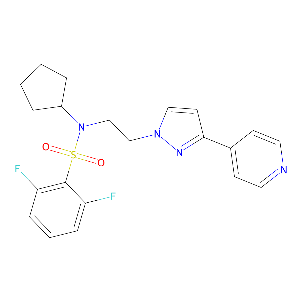 N-cyclopentyl-2,6-difluoro-N-(2-(3-(pyridin-4-yl)-1H-pyrazol-1-yl)ethyl)benzenesulfonamide molecular structure, CAS 2034296-05-2