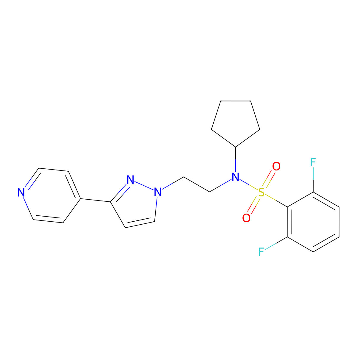 N-cyclopentyl-2,6-difluoro-N-(2-(3-(pyridin-4-yl)-1H-pyrazol-1-yl)ethyl)benzenesulfonamide molecular structure, CAS 2034296-05-2