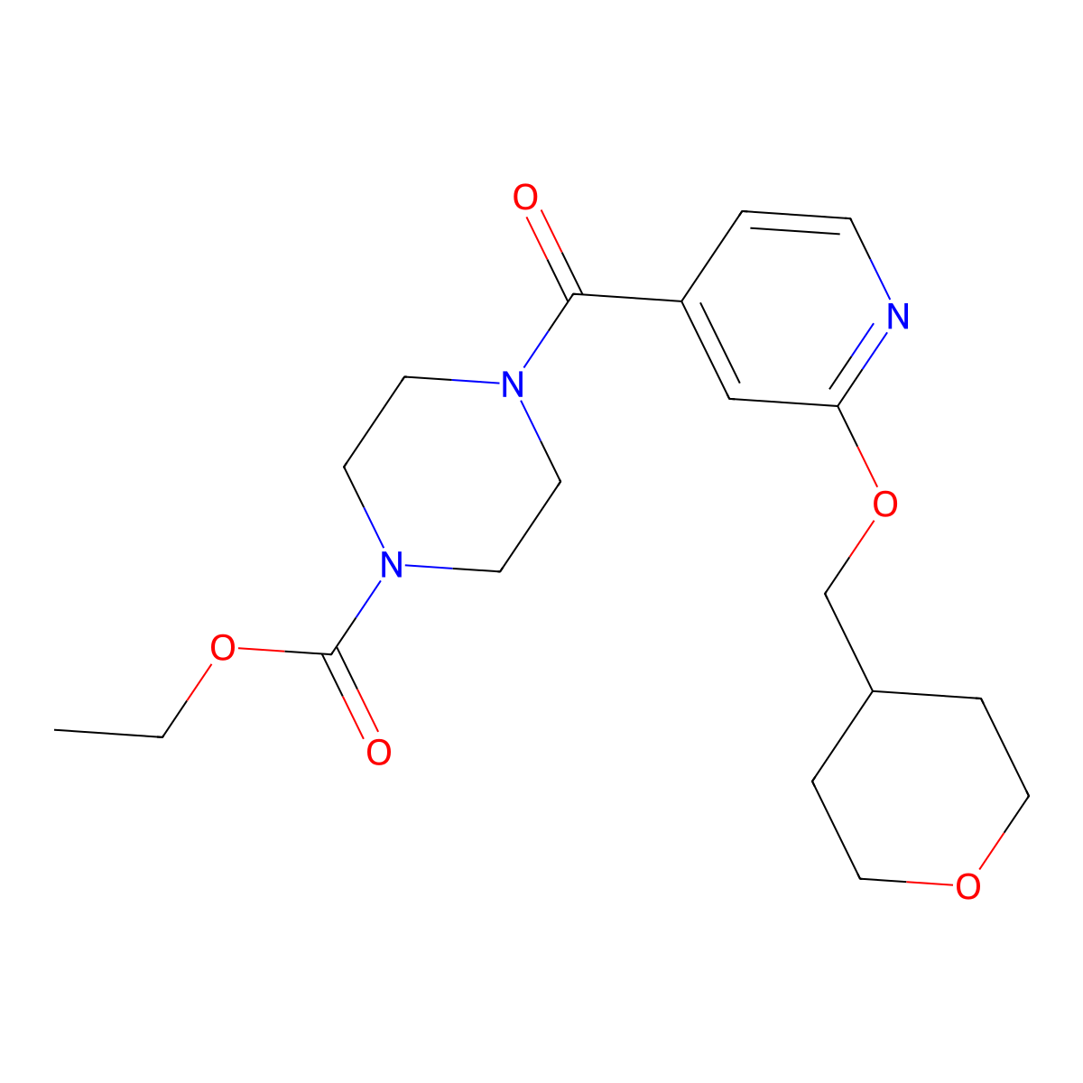ethyl 4-(2-((tetrahydro-2H-pyran-4-yl)methoxy)isonicotinoyl)piperazine-1-carboxylate molecular structure, CAS 2034296-12-1