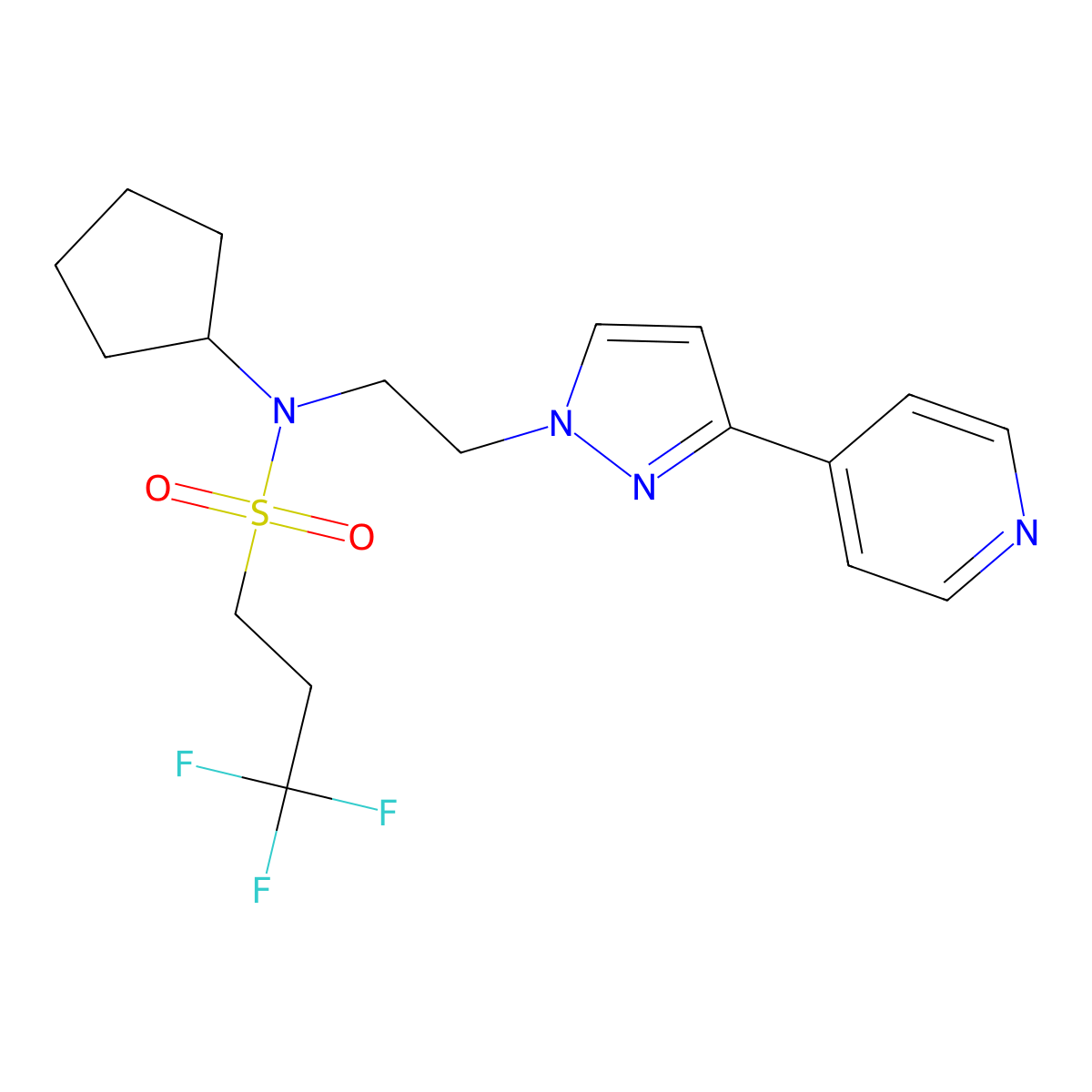 N-cyclopentyl-3,3,3-trifluoro-N-(2-(3-(pyridin-4-yl)-1H-pyrazol-1-yl)ethyl)propane-1-sulfonamide molecular structure, CAS 2034296-15-4