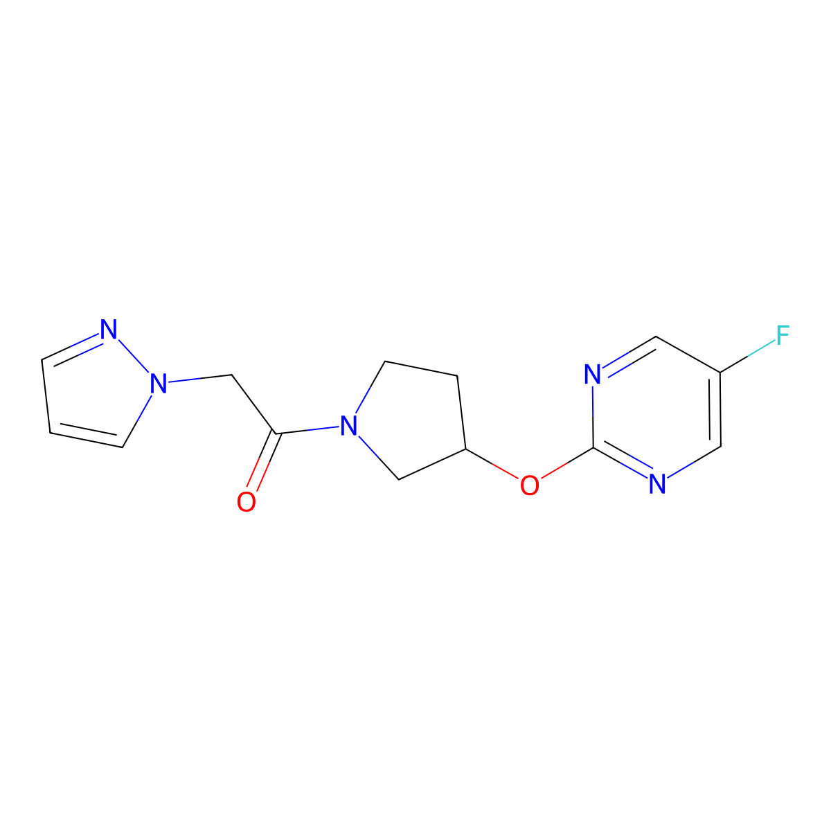 1-(3-((5-fluoropyrimidin-2-yl)oxy)pyrrolidin-1-yl)-2-(1H-pyrazol-1-yl)ethanone molecular structure, CAS 2034296-24-5
