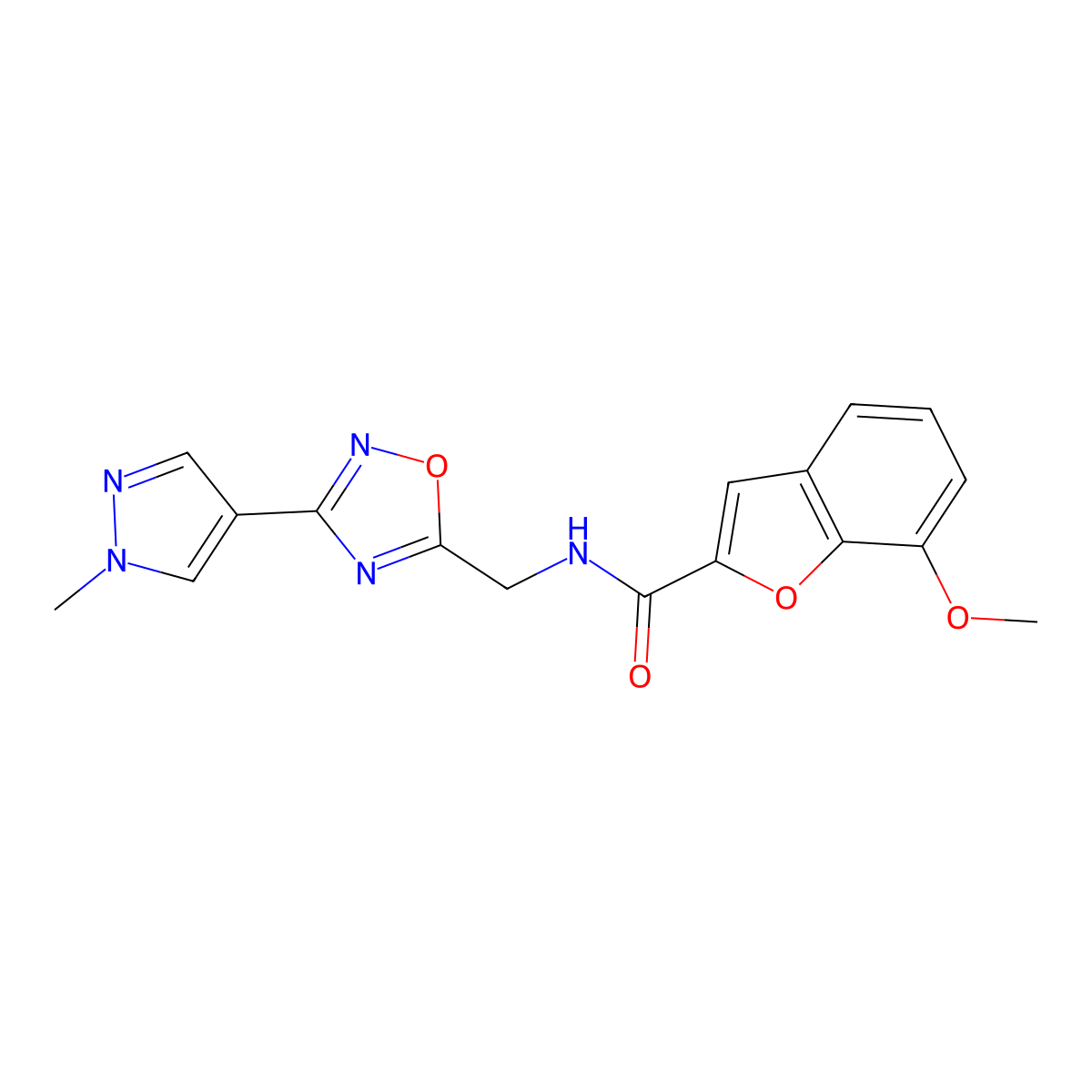 7-methoxy-N-((3-(1-methyl-1H-pyrazol-4-yl)-1,2,4-oxadiazol-5-yl)methyl)benzofuran-2-carboxamide molecular structure, CAS 2034296-26-7