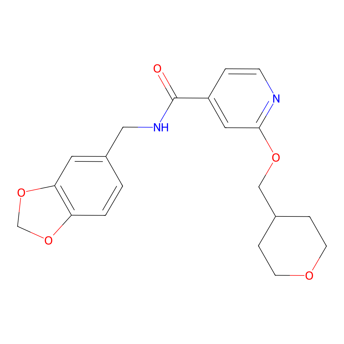 N-(benzo[d][1,3]dioxol-5-ylmethyl)-2-((tetrahydro-2H-pyran-4-yl)methoxy)isonicotinamide molecular structure, CAS 2034296-28-9