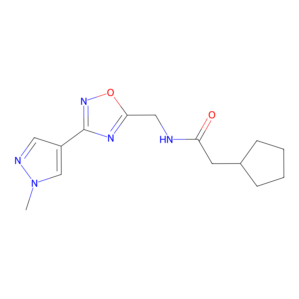 2-cyclopentyl-N-{[3-(1-methyl-1H-pyrazol-4-yl)-1,2,4-oxadiazol-5-yl]methyl}acetamide molecular structure, CAS 2034296-36-9